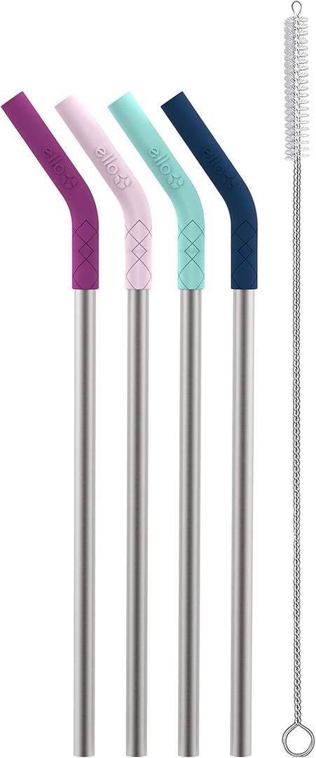 Ello Impact 4 Pack Reusable Metal Straws with Silicone Tips Made from Stainless Steel, Dishwasher Safe, BPA-Free with Cleaning Brush, June Breeze