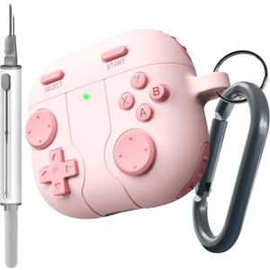 2 x DamonLight Game Case for AirPods 4 Cover Shock-Proof Protective Silicone Case with Keychain for Apple Airpods 4th Generation 2024 Released (Pink)