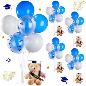 Leinuosen 4 Set Class of 2025 Graduation Bears 9 Inch and Balloon Stand Kit Grad Party Decorations Graduation Stuffed Bears with Diploma Cap Tassel Grad Party Table Centerpieces Decor(Blue)