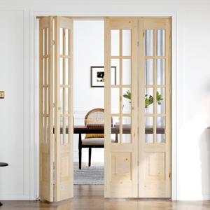 Bifold Doors for 60"80" Opening, Clear Glass French Interior Folding Barn Door with Concealed Hardware Kit Included, Spruce Wood Support DIY Dyeing, Preassembled Door, Save Space