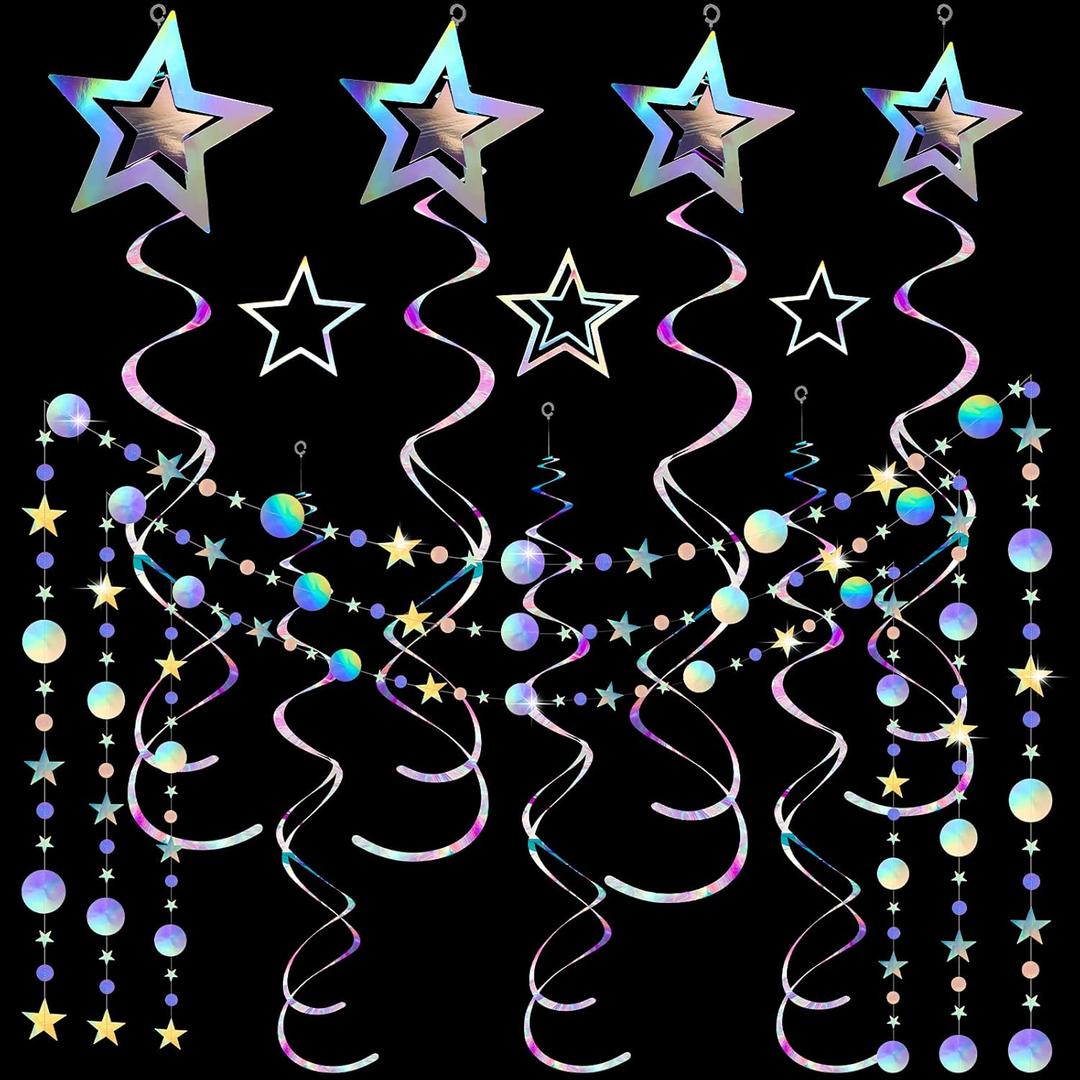 37 Pieces Iridescent Holographic Party Decorations Glitter Swirl Streamer Galaxy Garland Hanging Bling Star Party Supplies Circle Dot Swirl Streamer for Wedding Disco Birthday Decorations