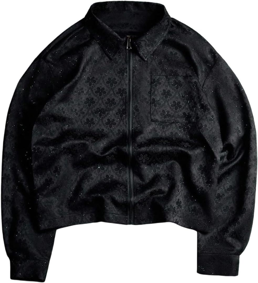 BEAUDRM Y2K Men's Floral Graphic Rhinestone Long Sleeve Zip Collar Jacket, XXL