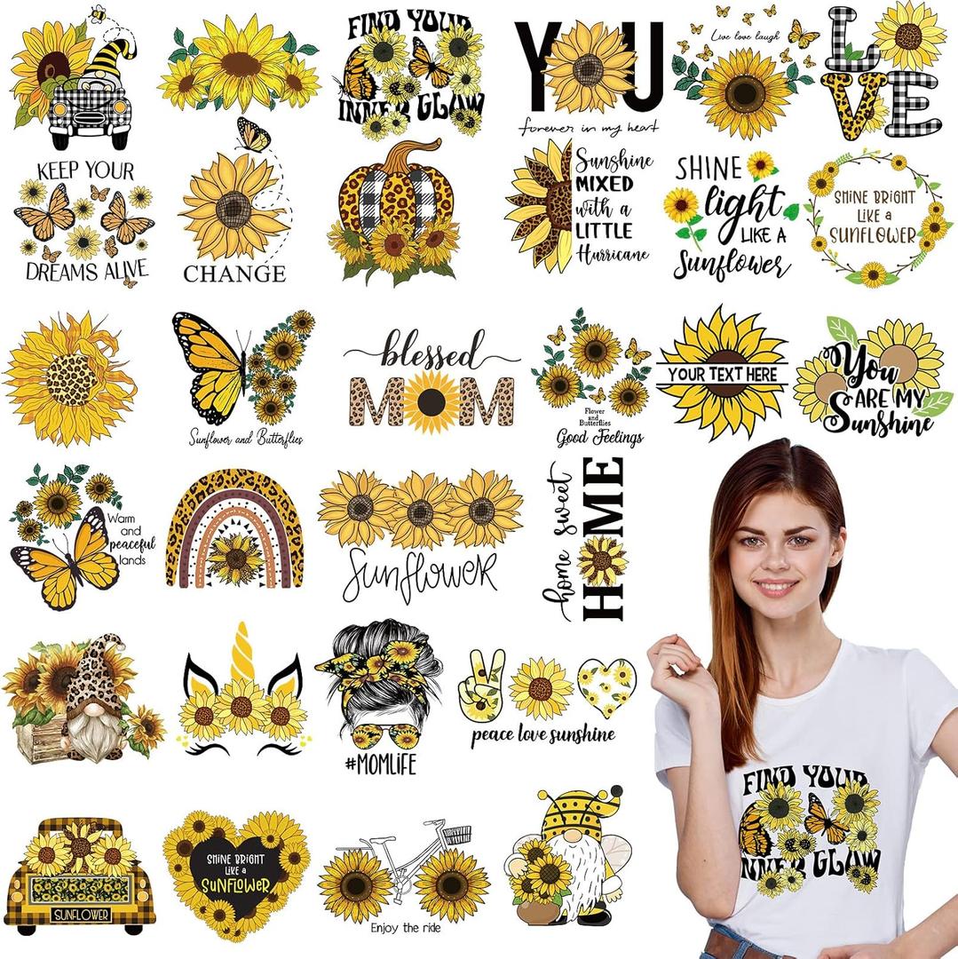 30 Pcs Sunflower Iron on Transfers Cute Patches Flower Appliques for T Shirts Spring Iron on Decals Heat Transfer Sticker for Clothes Bag Pillow Covers DIY Decorations