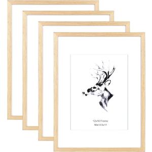 Yaetm 12x16 Picture Frame with Mat for 8.5x11 Set of 4, Natural Solid Oak Wood 12x16 Frame for Gallery Wall and Poster, Wall Mounted (4 pack, Oak)
