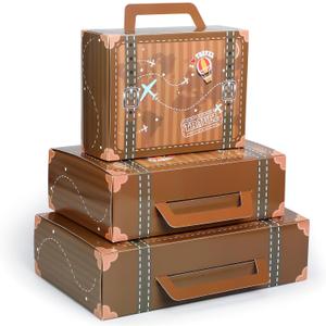 6 Pcs Large Vintage Travel Suitcase Box Travel Party Decorations Paperboard Suitcases Gift Box Decorative Set of 3 Small Stackable Storage Chests Decor for Themed Party Favors(Journey,Brown)