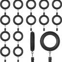 16 Pack Curtain Rod Rings Wooden with Drapery Clips 2.95 Inch Outer Diameter Beech Wood Carved Drapes Rings 1.7 Inch Interior Diameter for 1-1.2 Inch Curtain Rod Pole (Black)