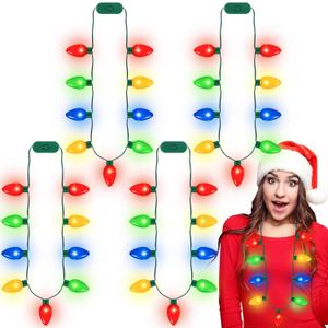 QZYL 4pcs Light Up Christmas Necklace, Colorful Christmas Accessories for Women, 9 LED Bulbs Necklaces with 3 Flash Modes, Suitable for Xmas New Year Party Favor Supplies Accessories
