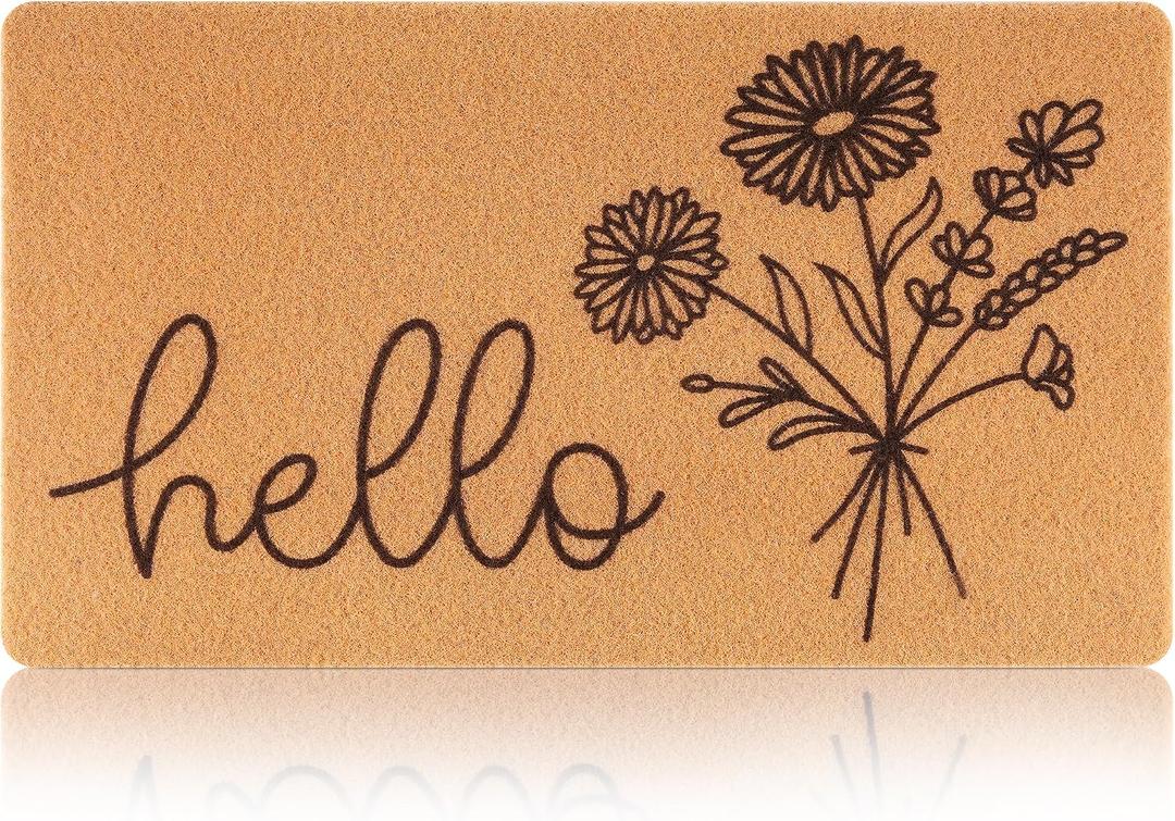Hello Spring Door Mat for Front Door Welcome Matt Outdoor with Wildflower Bouquet Doormat Indoor Entrance with Flowers, Perfect Home Floral Decor (Brown)