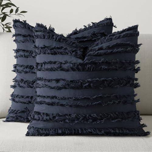 MIULEE Set of 2 Decorative Boho Throw Pillow Covers Linen Striped Jacquard Pattern Cushion Covers for Sofa Couch Living Room Bedroom 20x20 Inch Navy Blue