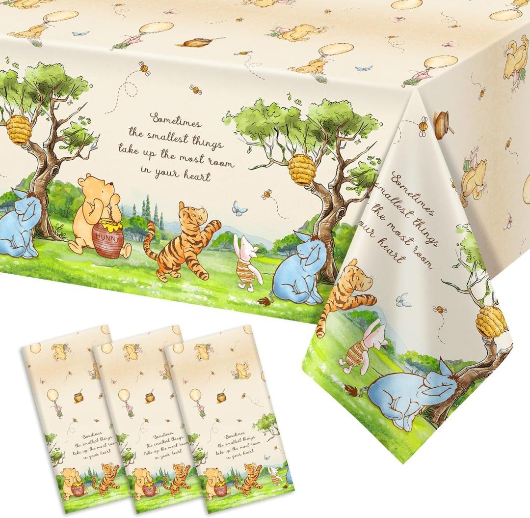 3Pcs Classic Bear Baby Shower Plastic Table Cloths Disposable Vintage Pooh Bear Rectangle Waterproof Table Cover for Boys Girls Birthday Gender Reveal Party Supplies 54 X 108
