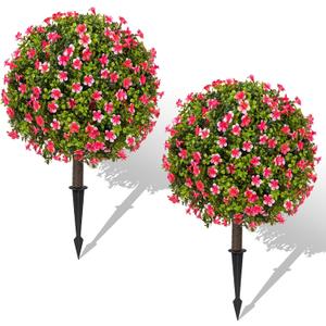 25" Artificial Boxwood Topiary Ball Trees with Rose Pink Flowers, Set of 2 UV Resistant No Fade Outdoor Faux Plants with Ground Spike, Fake Shrubs for Garden, Patio, Porch, Yard, Indoor Decor