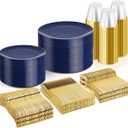 WDF 300PCS Navy Blue Plates Disposable - Blue Plastic Plates 50guest Heavy Duty Plastic Dinnerware Sets for Party/Wedding/Birthday (Blue and Gold)