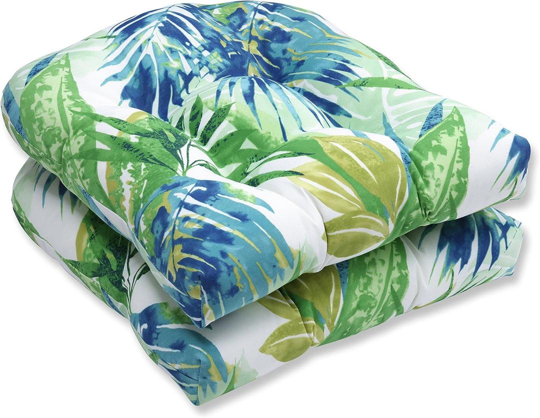 Pillow Perfect Tropic Floral Indoor/Outdoor Wicker Chair Seat Cushion Tufted, Weather, and Fade Resistant, 19" x 19", Blue/Green Soleil 2 Count
