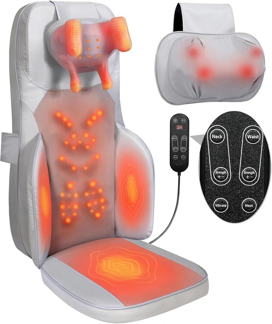 Makerzone Shiatsu Neck Back Massager with Heat - 4D Kneading Full-Body Massage Cushion with Vibration, Dual-Neck Design, Adjustable Intensity, Height for Release Stress, for Office Chair, Home, Grey (Gray)