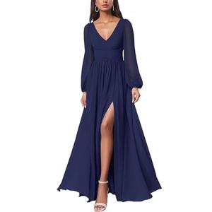 firfig Women's Elegant Mesh Long Sleeve Flare Maxi Dress Tie Low Back Formal Cocktail Maxi Dresses Wedding Guest, Navy Blue X-Large