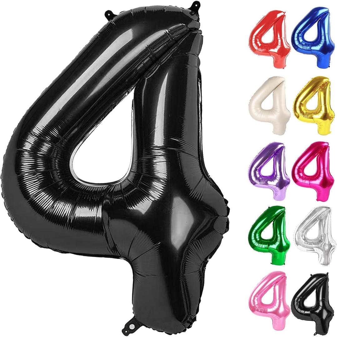 Black Number 4 Balloon 40 Inch, 4 Balloon Number, 4th Birthday Decorations, Black Party Supplies for Boys Girls