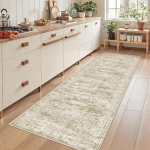 Kitchen Runner Rug Non Slip - 2.5 x 8 Runners for Hallways, Entryway, Bedroom, Washable Runner Rugs for Bathroom, Laundry Room, Low Pile Soft Vintage Area Rug(2.5'x8', Brown/Ivory)