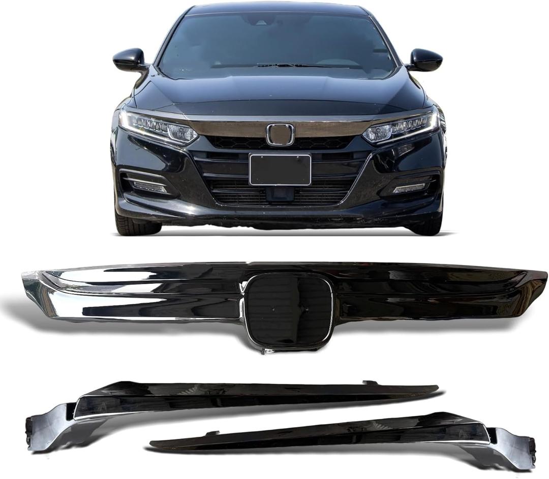 Glossy Black Front Bumper Upper Grille withTrim Compatible with 2018 2019 2020 Honda Accord Sport Style Grill