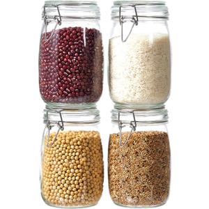4 Pack 34oz Food Storage Jars with Airtight Lids, Preserving Seal Wire Clip Fastening Glass Containers, Canisters for Kitchen Organization, Flour, Cereal, Pasta, Sugar, Beans, Pickling Jars(34 Oz*4)