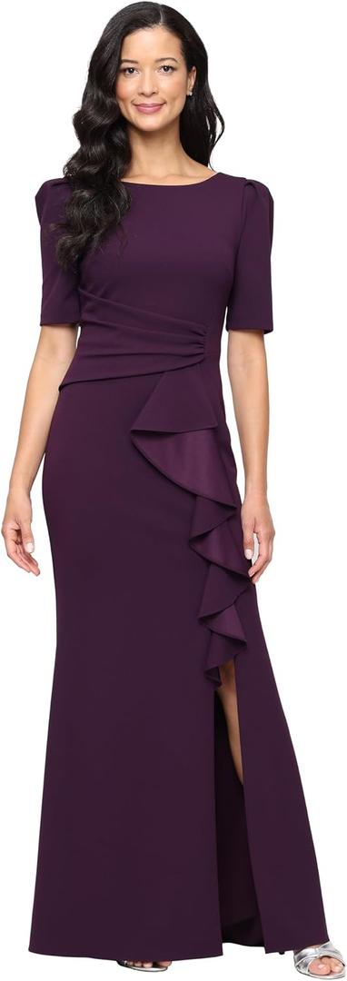 Alex Evenings Women's Stretch Crepe Dress with Puff Shoulder Elbow Sleeves, Tucked Waist Detail and Cascade Ruffle Size 16