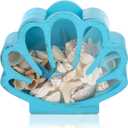 Seashell Holder Seashell Display Box Wooden Small Starfish Shell Display Case with Acrylic Clear Window Shark Tooth Collection Box for Shells Sea Rock Home Decor Present(Blue,Shell)
