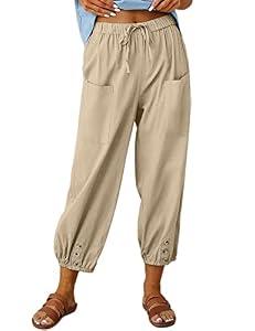 HangNiFang Cotton Linen Capri Pants for Women High Elastic Waisted Drawstring Cropped Pants with Pockets(0966-Khaki-XL)