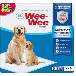 Four Paws Wee-Wee Superior Performance Unscented Pee Pads for Dogs & Puppies, Quilted Leak-Proof Dog Housebreaking Potty Training Floor Protection, 22" x 23", 100 Count