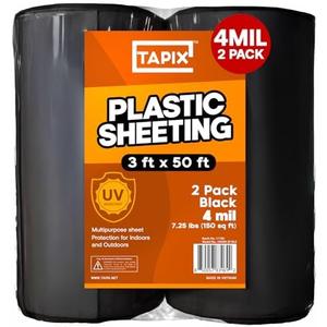 Black Plastic Sheeting Roll 3'x50' (2 Pack) – 4 Mil UV Protected, Weed Barrier & Landscape Plastic for Gardening, Root Blocker & Moisture Barrier, Protective Covering for Painting & Equipment