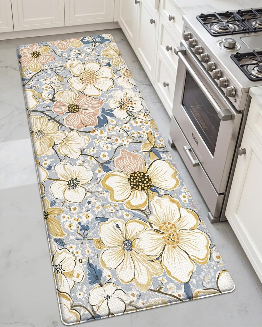 DEXI Kitchen Mats for Floor, 17x59, Cushioned Standing Mat Anti Fatigue, Waterproof Comfort Floral Padded for Laundry Room Office, Blue and Yellow