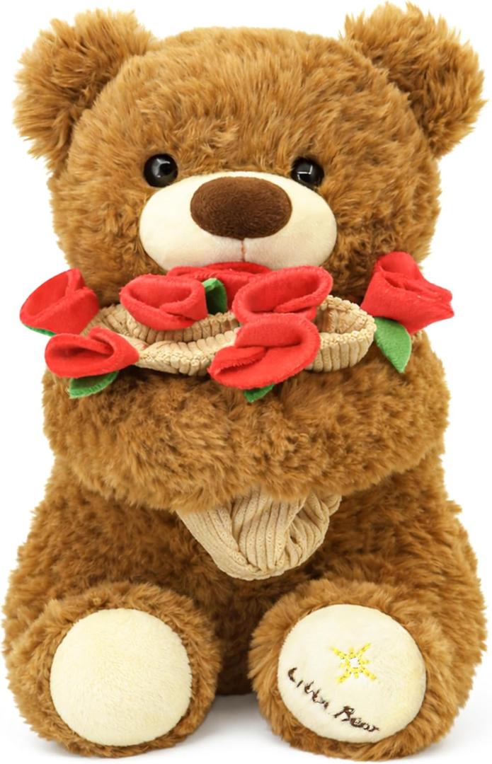 11.8 in Bouquet Teddy Bear Plush Toy, Rose Plush Bouquet, Romantic Flower Hat Bear Stuffed Plush, Perfect as a Birthday, Holiday for Boys and Girls (Brown - Small)