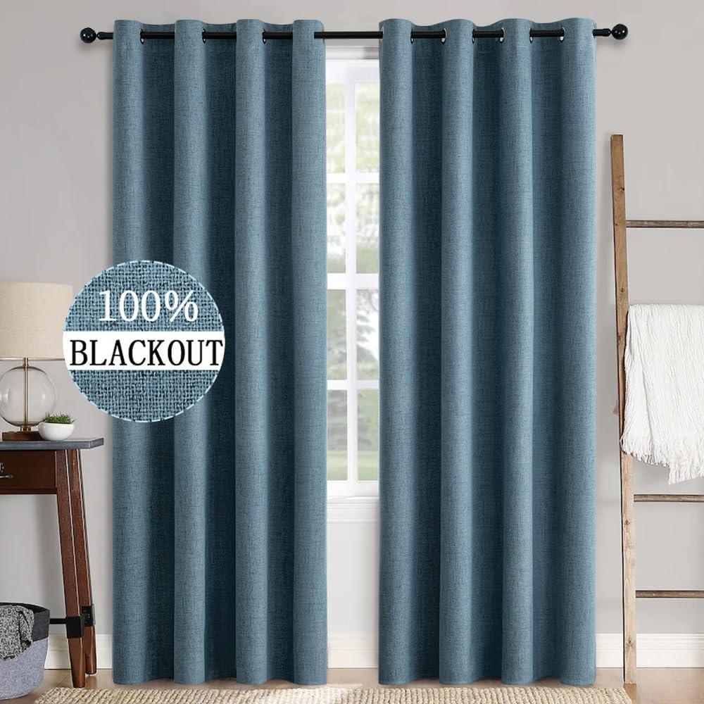 MIULEE 2 Panels Blackout Curtains Polyester Texture Opaque Curtains for Bedroom 100% Blackout Thermal Insulated Dusty Blue Curtains 90 Inches Long for Living Room