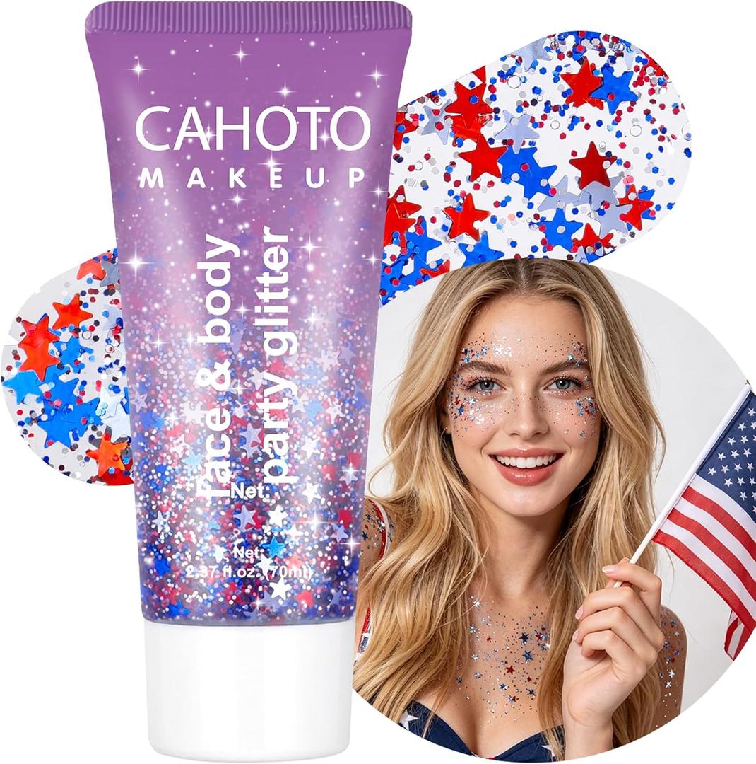 Flag Star Glitter Gel, Red White Blue Star for Face Body Hair