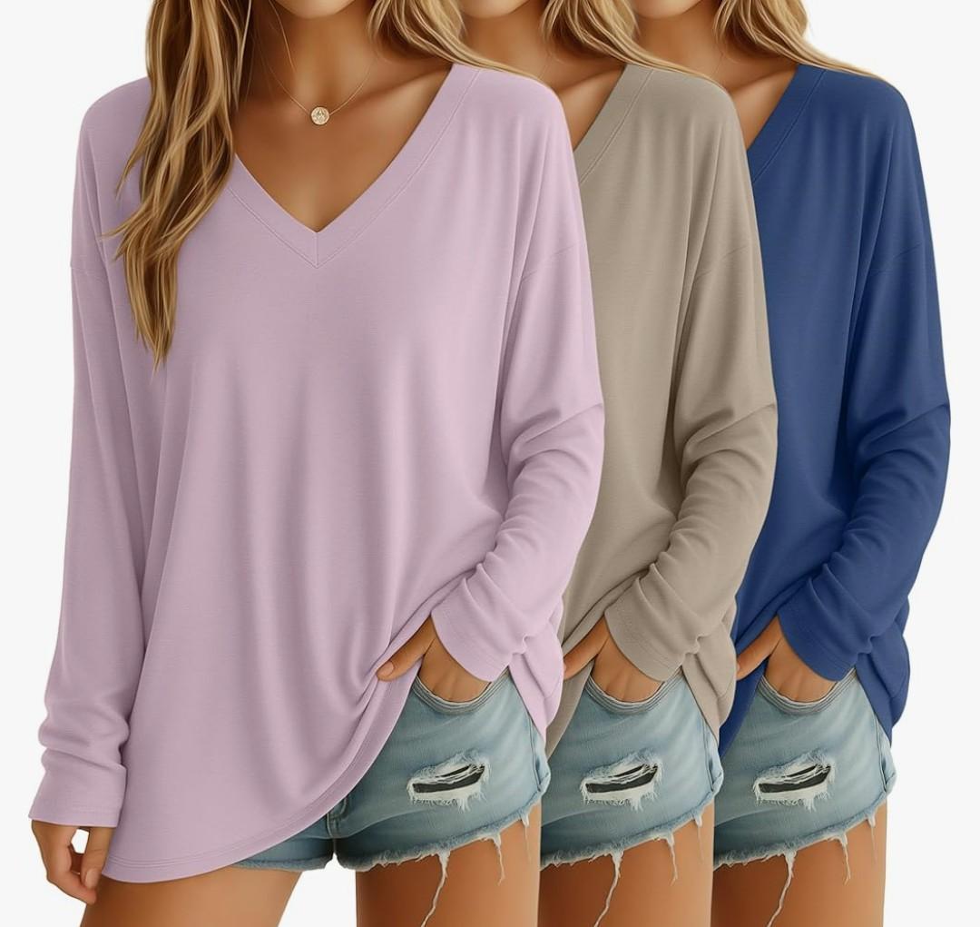 3 Pack Womens Oversized T Shirts Long Sleeve V Neck Cotton Basic Tops Loose Fit Workout Tees Fall Outfits XL
