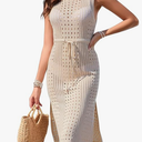 Women's Swimwear Cover Ups Crochet Hollow Out Sleeveless Side Split Swimsuit Cover Up with Drawstring, Size S