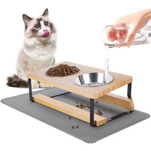 Elevated Cat Bowls with Food Mat, 15 Tilted Anti Vomiting Raised Cat Feeder for Indoor Cats and Puppy, 2 Stainless Steel Bowls for Food and Water