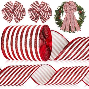 Whaline Christmas Peppermint Stripe Wired Edge Ribbon 4 Inch Glitter Christmas Red White Stripes Ribbon for Xmas Winter Tree Bow Wreath Craft Gift Wrap Holiday Home Decor, 15 Yards