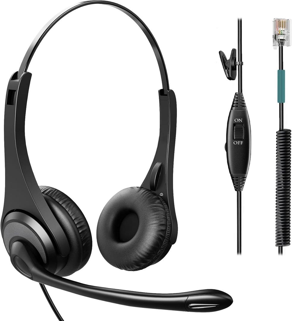 Phone Headsets for Office Phones - Corded Telephone Headset w/Noise Canceling Mic, Headset for Phones Landline Office Compatible with Polycom Plantronics Nortel Toshiba Mitel ShoreTel Deskphones etc