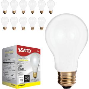 Satco S3950 A19 Incandescent Bulb, 25W, 130V, Frosted Finish, 180 Lumens, Medium E26 Base, Dimmable, 2700K Warm White, 2,500 Hour Lifespan (12 Bulbs)