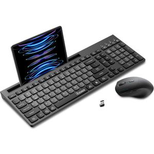 Wireless Keyboard and Mouse Combo, 2.4Ghz Silent Wireless Computer Keyboard with Phone Tablet Holder, 3 DPI Adjustable Ergonomic Mouse, Compatible with Mac Windows (Gray & Black)