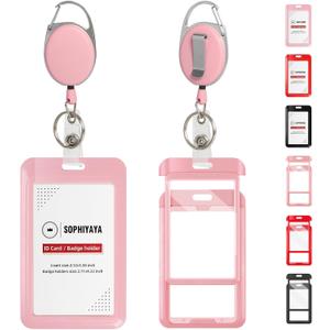 Badge Holder and Retractable Reel, ID Badge Holders with Retractable Clip for Office Factory Teacher Student Women Men (Pink, Double Sided) (Vertical 1 Pack with Reel)