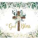 Eucalyptus God Bless Backdrop Greenery Wooden Cross Baptism Photography Background Eucalyptus God Bless First Holy Communion Party Decoration(7×5FT)