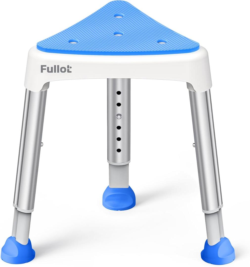 FULLOT Space-Saving Triangular Shower Chair for Elderly and Disabled, 400 lbs Adjustable Shower Stool Seat with Stable-Bracing, Non-Slip Bathtub Chair, Tool-Free Assembly, Blue With Eva Pad