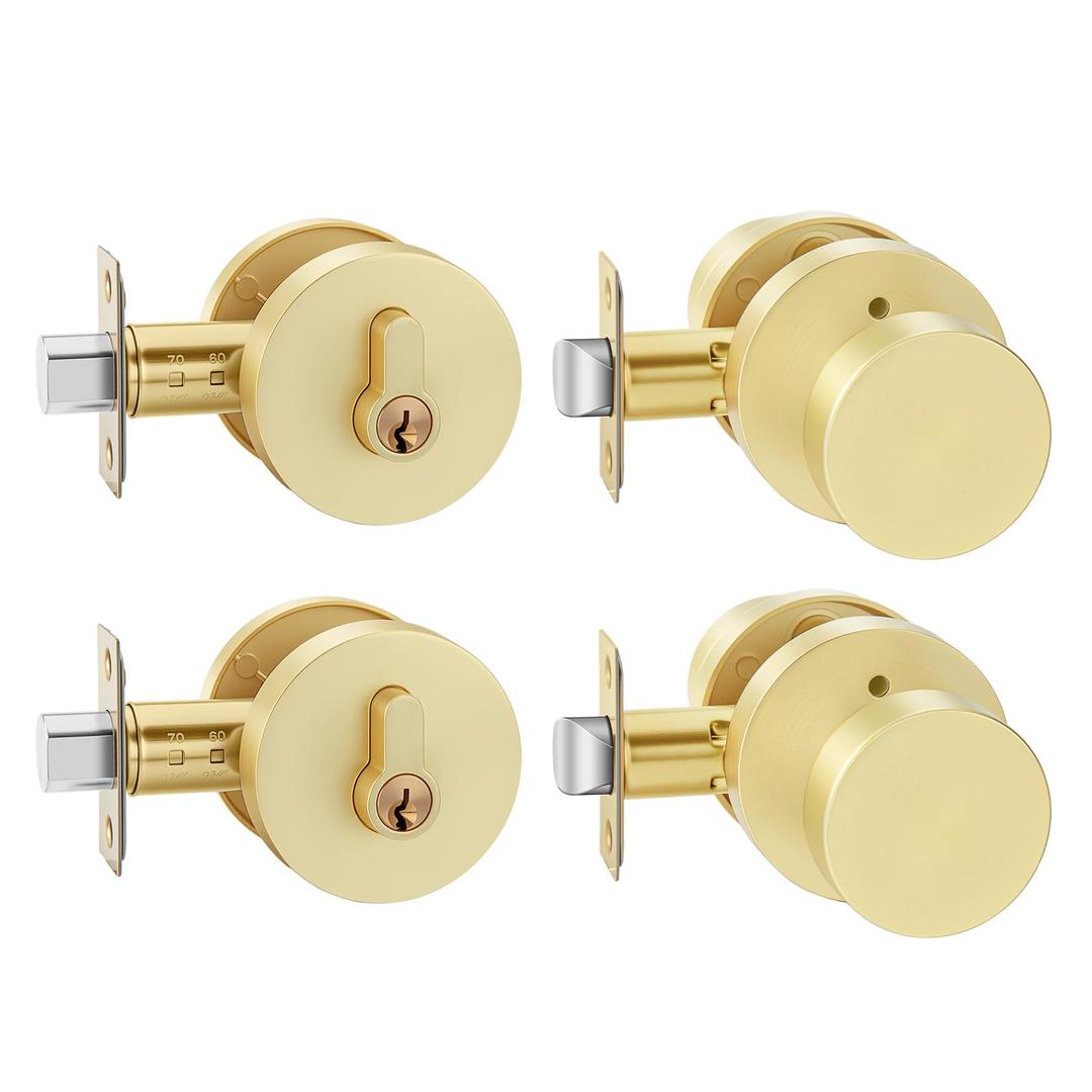 Goldenwarm Gold Door Knobs with Deadbolt, Heavy Duty Zinc-Alloy Brushed Gold Exterior Door Knobs Lock Set, Brushed Brass Front Doorknobs and Deadbolt Set(2 Pack)