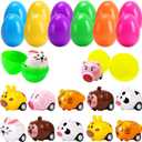 JIALWEN 12 Pack Easter Eggs Filled with Animal Pull Back Toy Cars, Easter Basket Stuffers Surprise Easter Gifts Hunt Theme Party Favors Classroom Prize Supplies