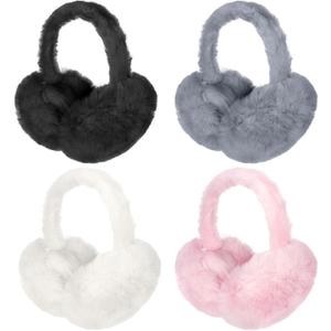 Vegove 4pcs Fuzzy Ear Muffs for Women, Foldable Faux Fur Ears Warmer Fluffy Outdoor Cute Earmuffs Winter Accessories (White/Black/Dark Grey/Pink)