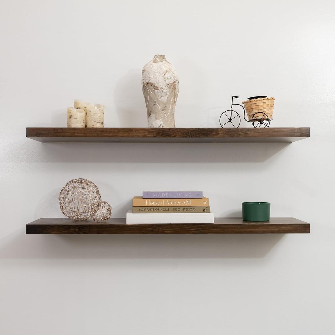 Rustic Floating Shelves, Set of 2, Hidden Bracket, Solid Wood, Heavy Duty, Wall Mounted Shelves, (Dark Brown, 12Wx6D)