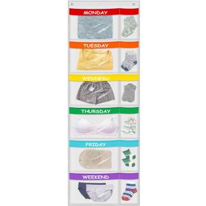 ABCKEY Weekly Kids Clothes Organizer,6-Shelf Kids Clothes Organizer with Labels for Monday to Friday,Over the Door or Wall Mount for Home,Dorm,Bedroom (White)
