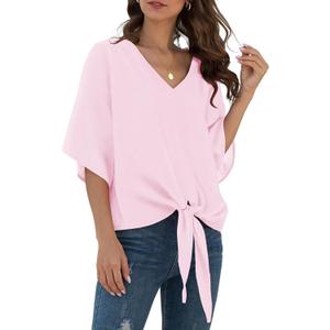 VIISHOW Womens Tie Front Chiffon Blouses V Neck Batwing Short Sleeve Summer Tops Shirts 2XL