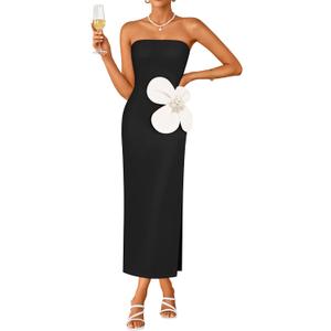 ZESICA Womens Summer Cocktail Strapless Maxi Dress 2026 Formal Bodycon Backless Floral Tube Wedding Guest Party Long Dresses (Black, XL)