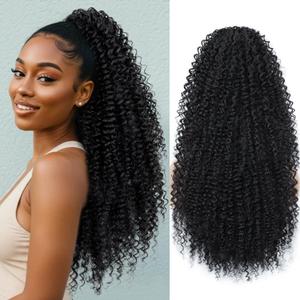 Drawstring Ponytail Extension Kinky Curly Pony Tails Hair Extensions 24 Inch Long Synthetic Curly Clip in Ponytail Hairpiece for Women (1B)